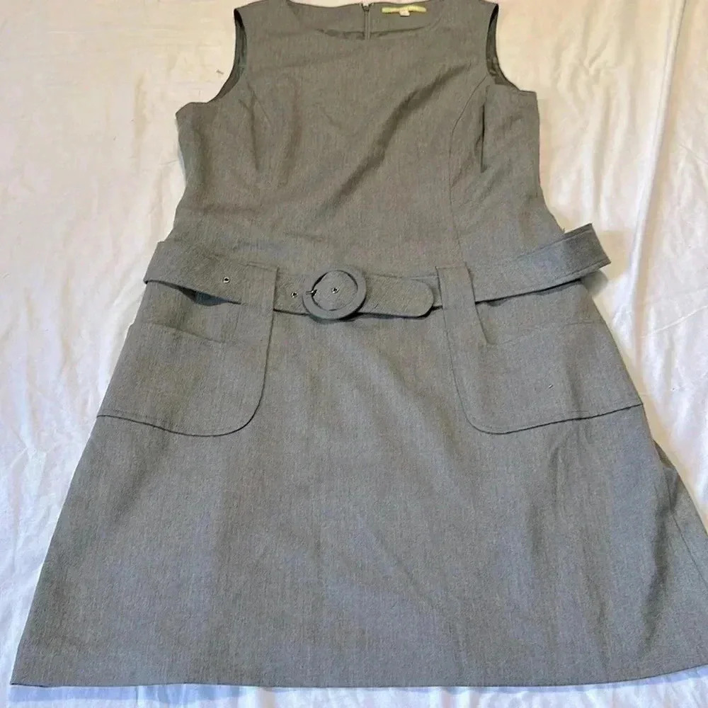 Gianni Bini Womens Belted Pocketed Wool Business Midi Dress size 12 Gray